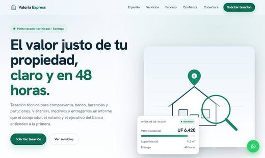 Maqueta de sitio para tasaciones: Valoria Express